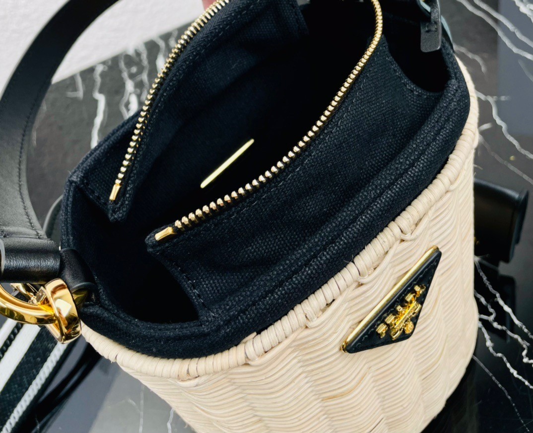 Prada Bucket Bag In Wicker and Black Canvas