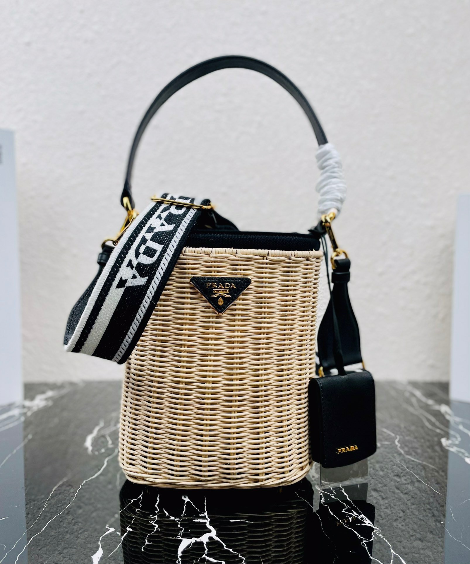 Prada Bucket Bag In Wicker and Black Canvas