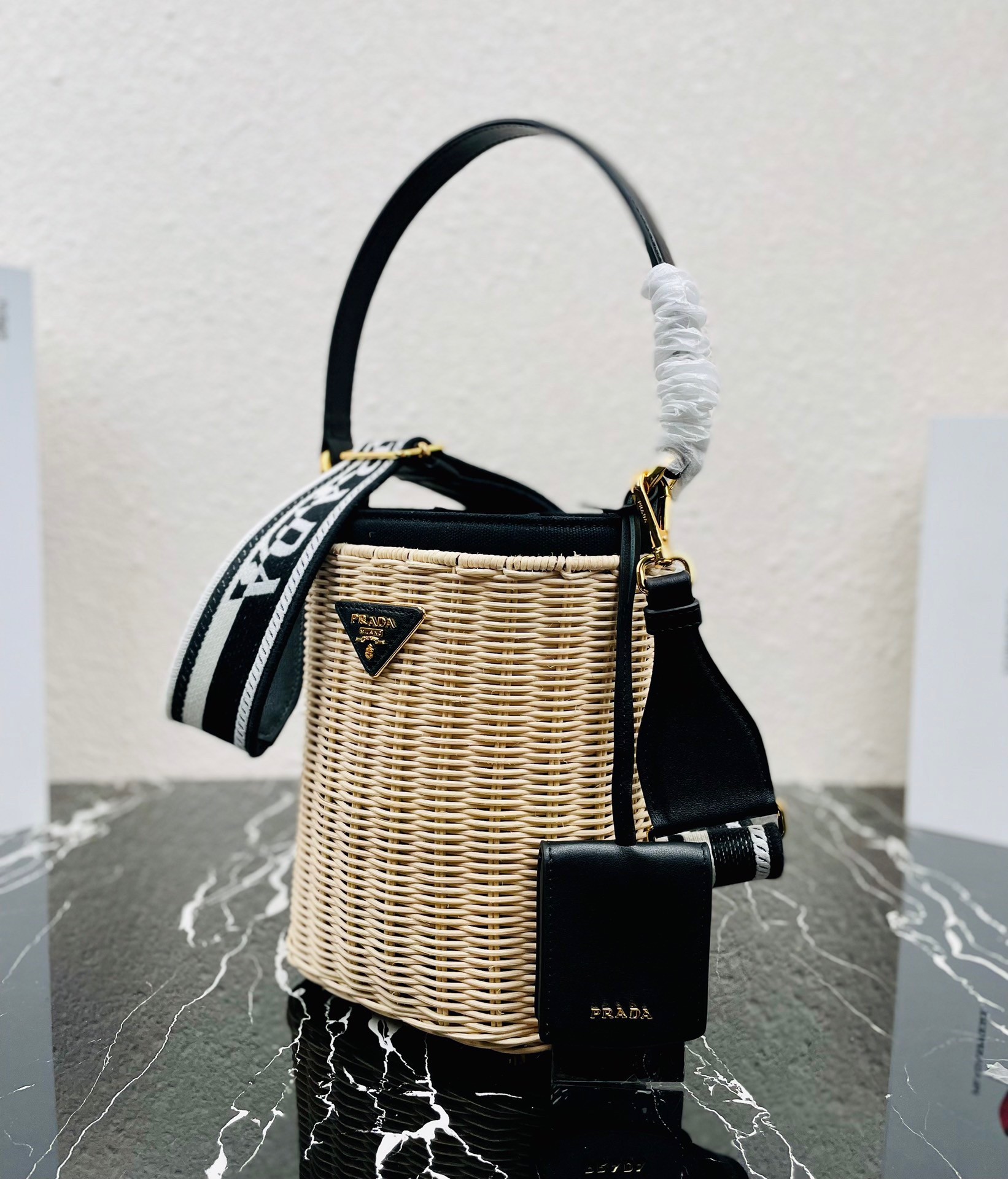 Prada Bucket Bag In Wicker and Black Canvas