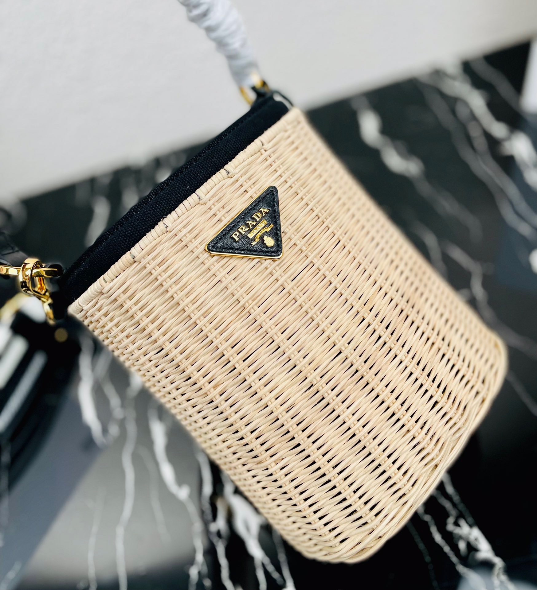 Prada Bucket Bag In Wicker and Black Canvas