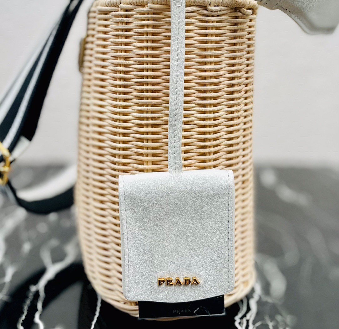 Prada Bucket Bag In Wicker and White Canvas