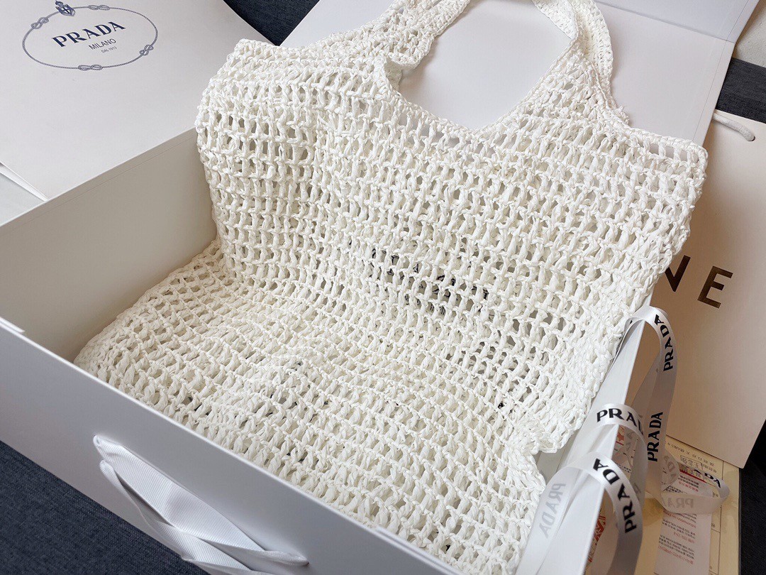 Prada Large Tote Bag In White Raffia