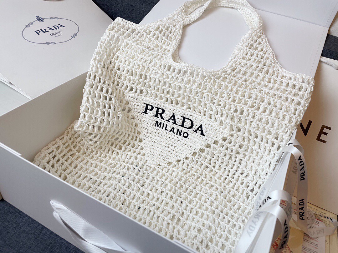 Prada Large Tote Bag In White Raffia