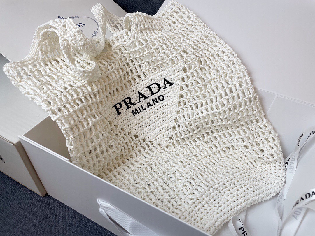 Prada Large Tote Bag In White Raffia