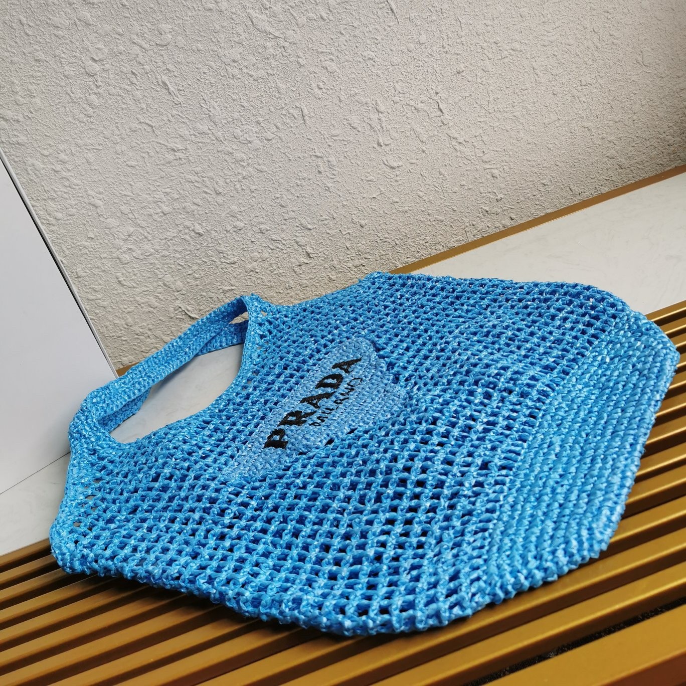 Prada Large Tote Bag In Blue Raffia