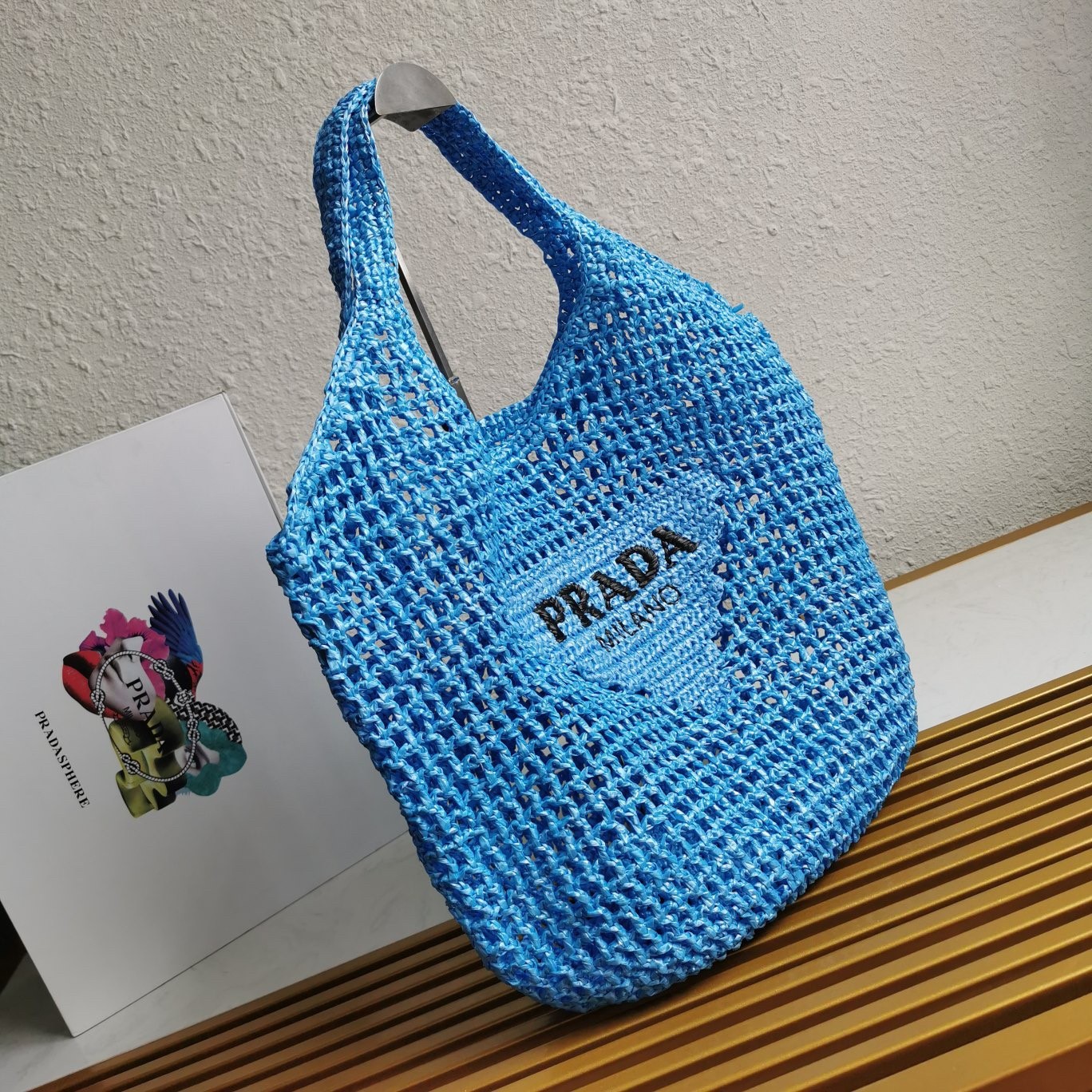 Prada Large Tote Bag In Blue Raffia