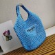 Prada Large Tote Bag In Blue Raffia