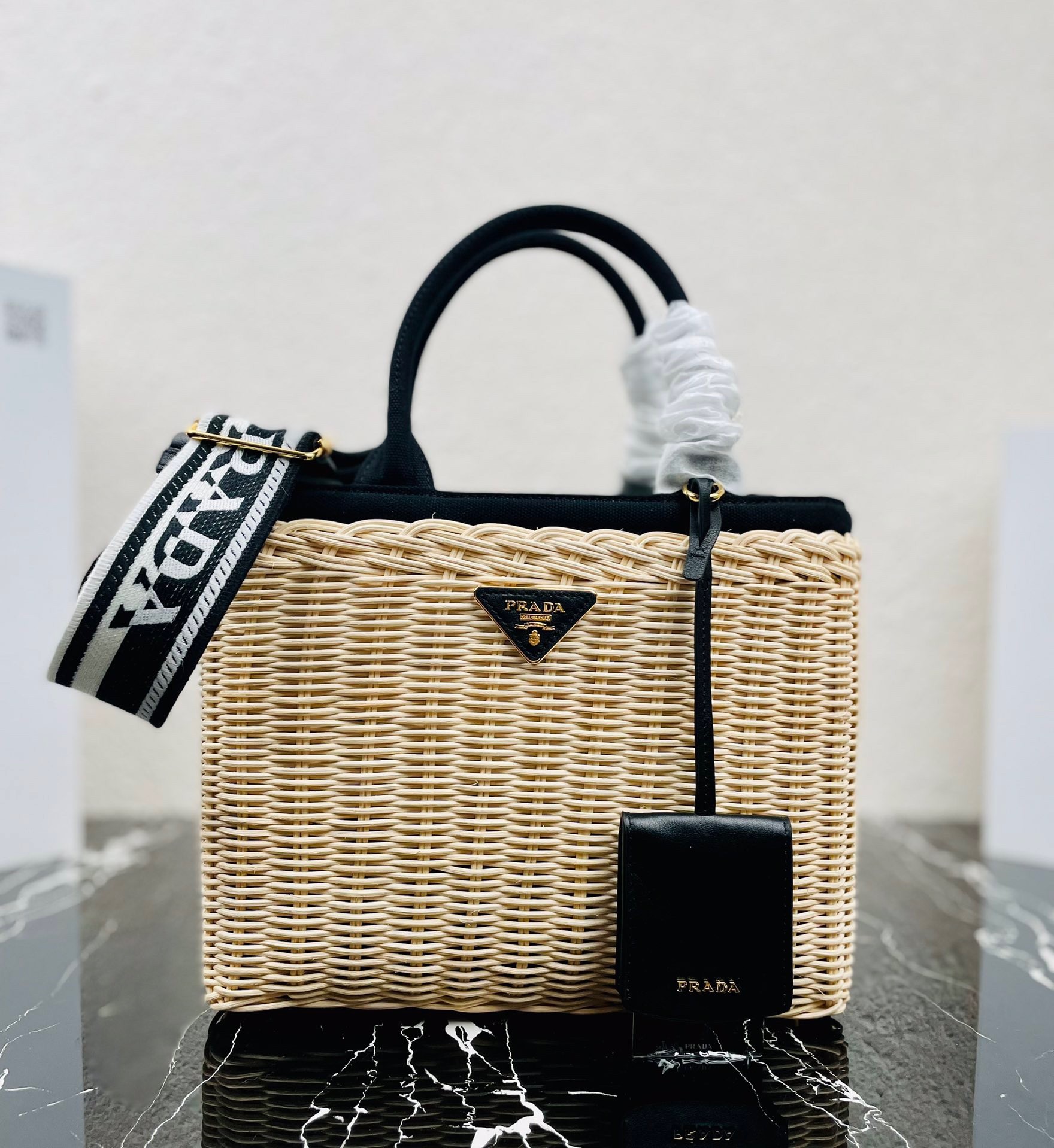 Prada Tote Bag In Wicker and Black Canvas