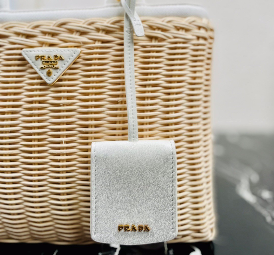 Prada Tote Bag In Wicker and White Canvas