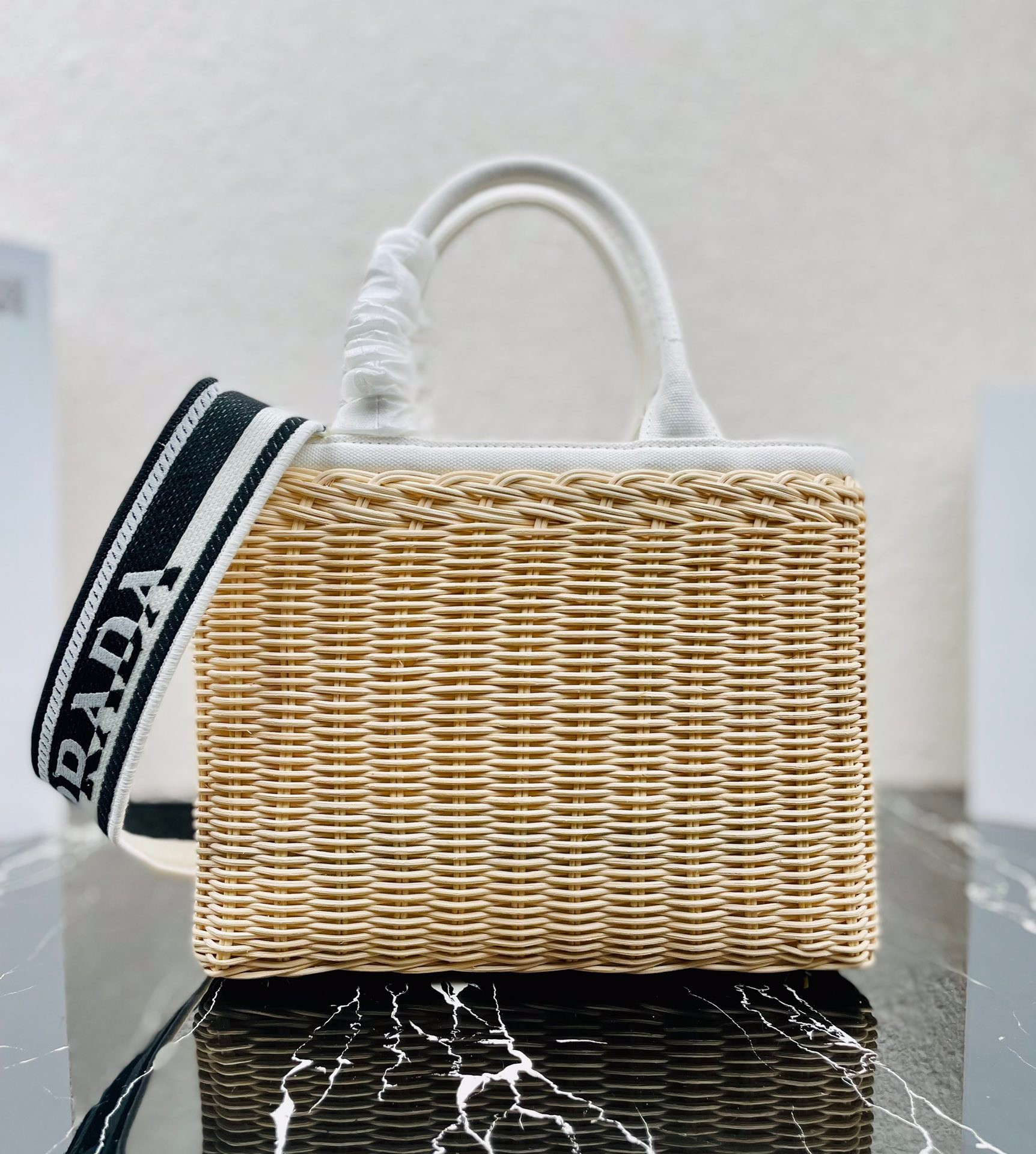 Prada Tote Bag In Wicker and White Canvas