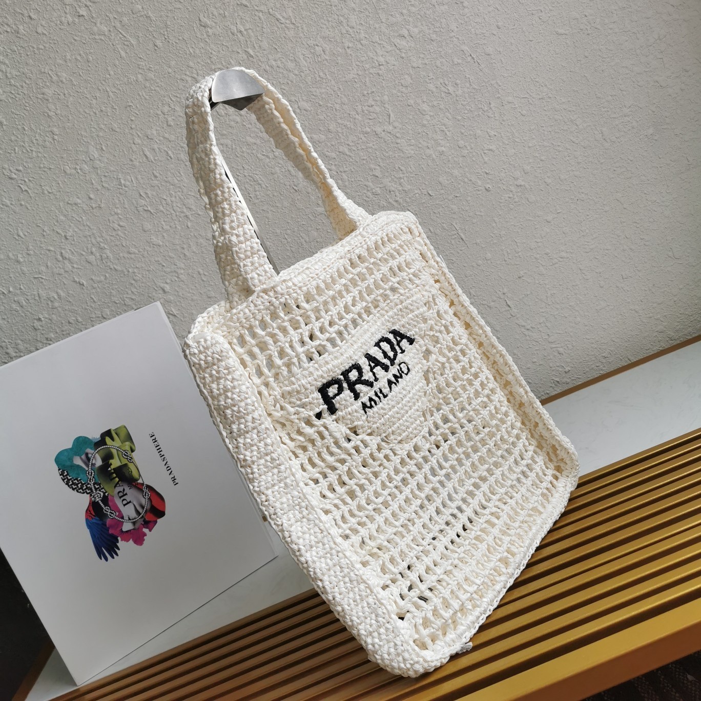 Prada Small Tote Bag In White Raffia