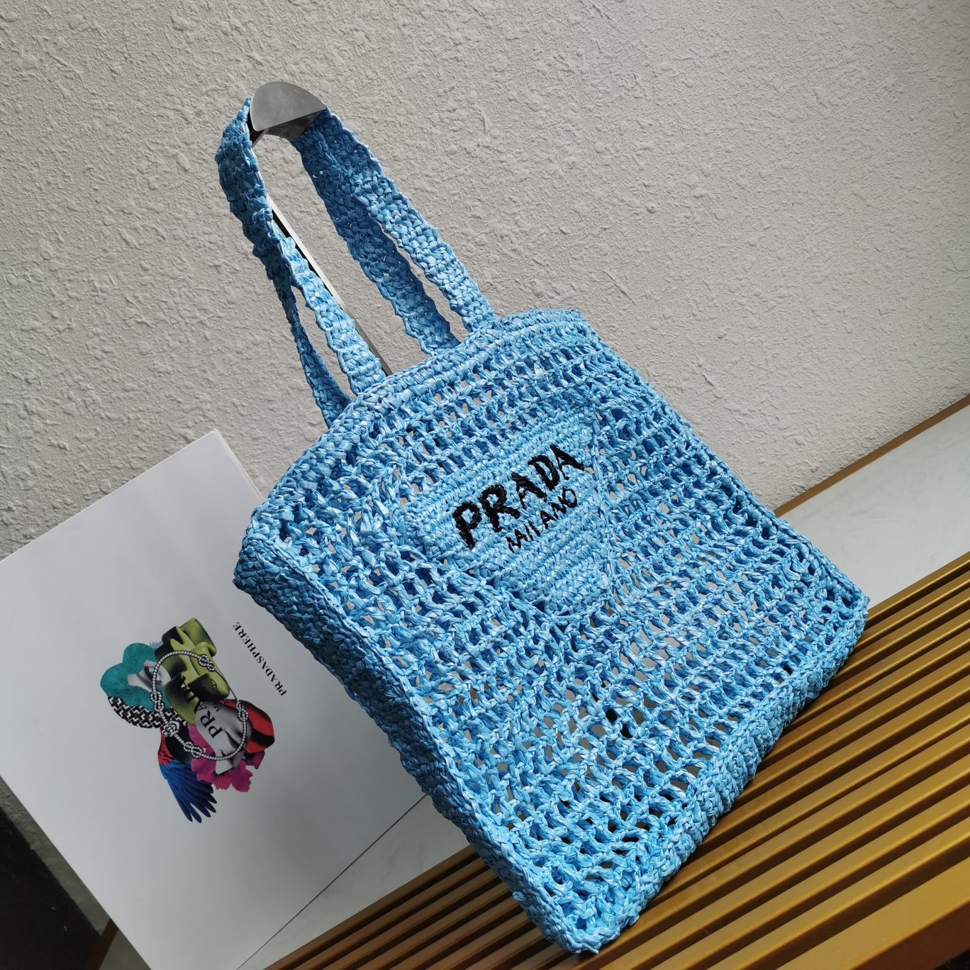 Prada Small Tote Bag In Blue Raffia