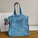 Prada Small Tote Bag In Blue Raffia