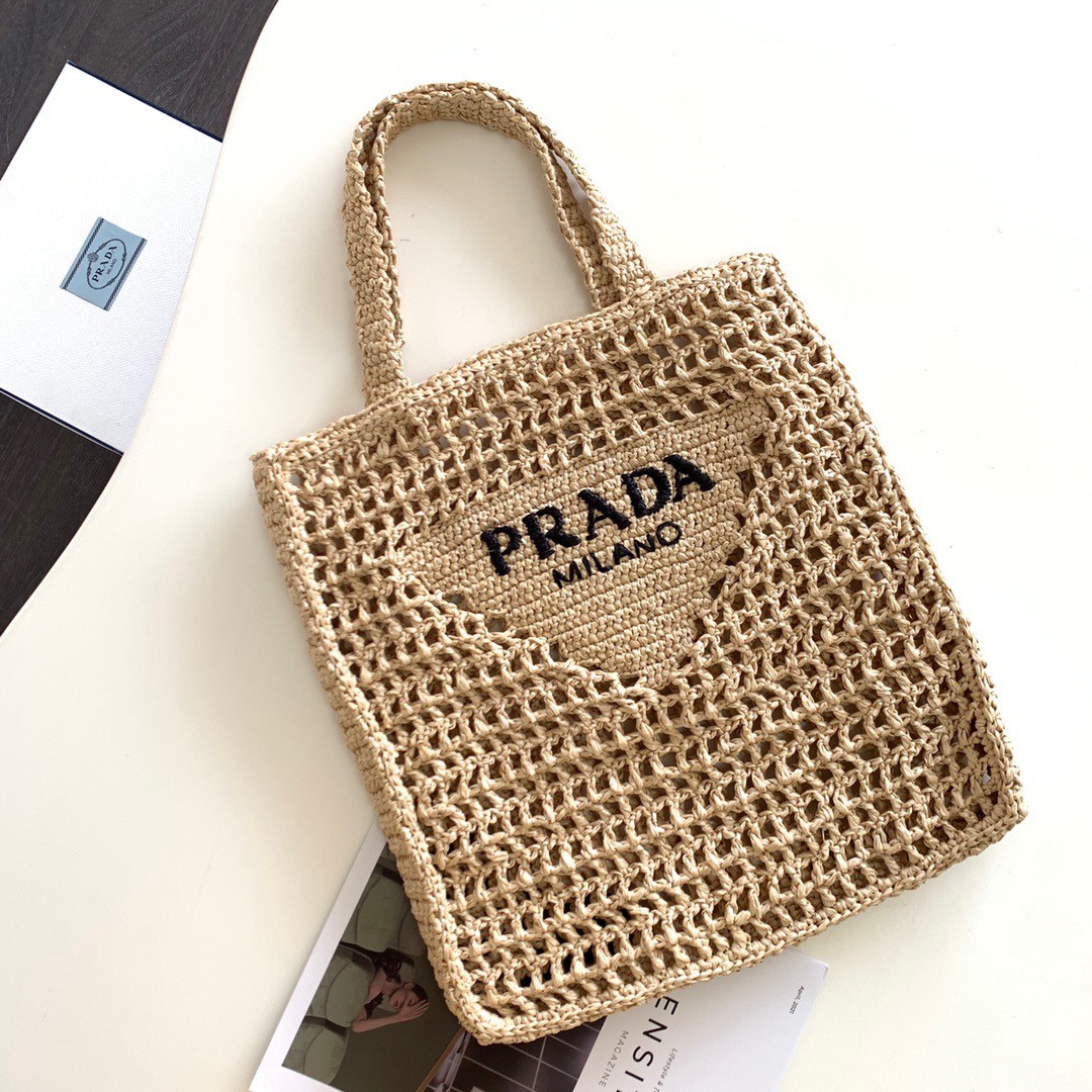 Prada Small Tote Bag In Beige Raffia