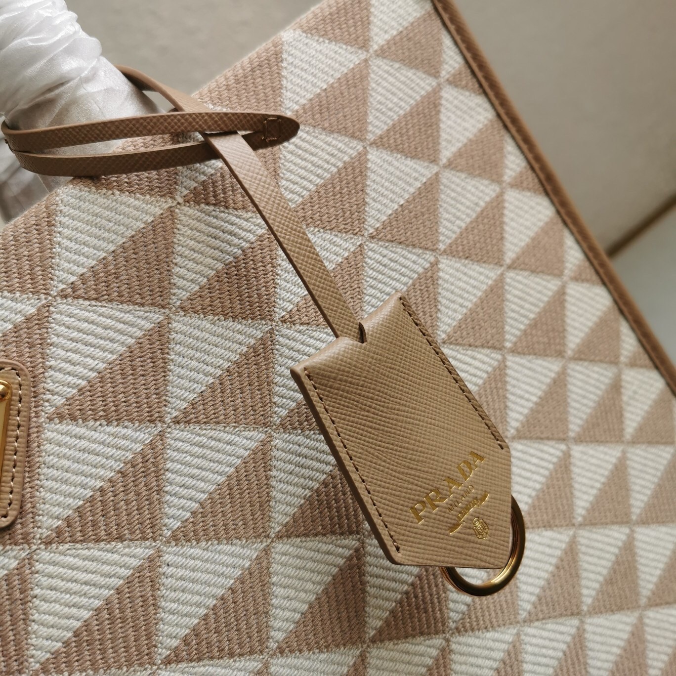 Prada Symbole Small Bag in Beige and White Jacquard Fabric