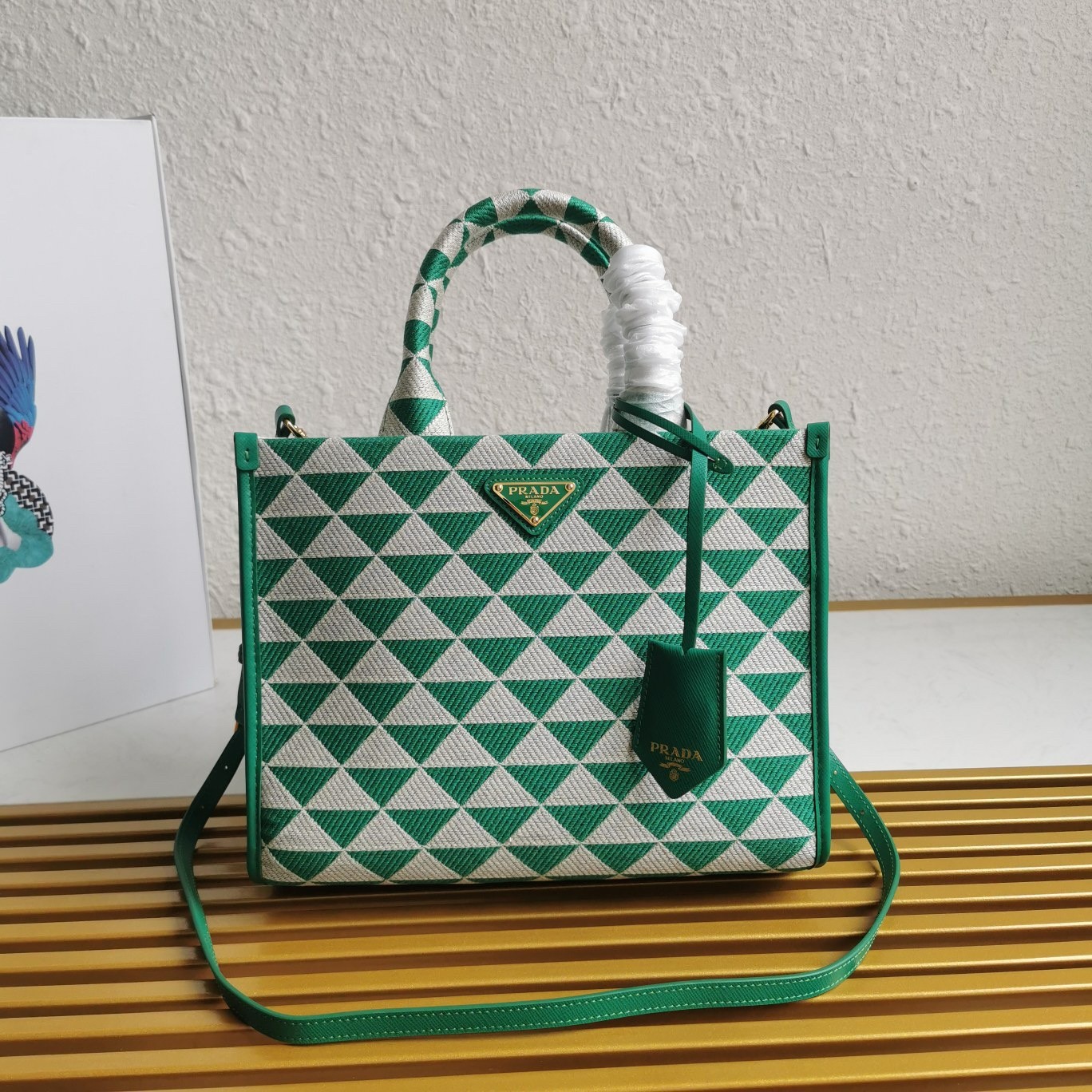 Prada Symbole Small Bag in Green and White Jacquard Fabric