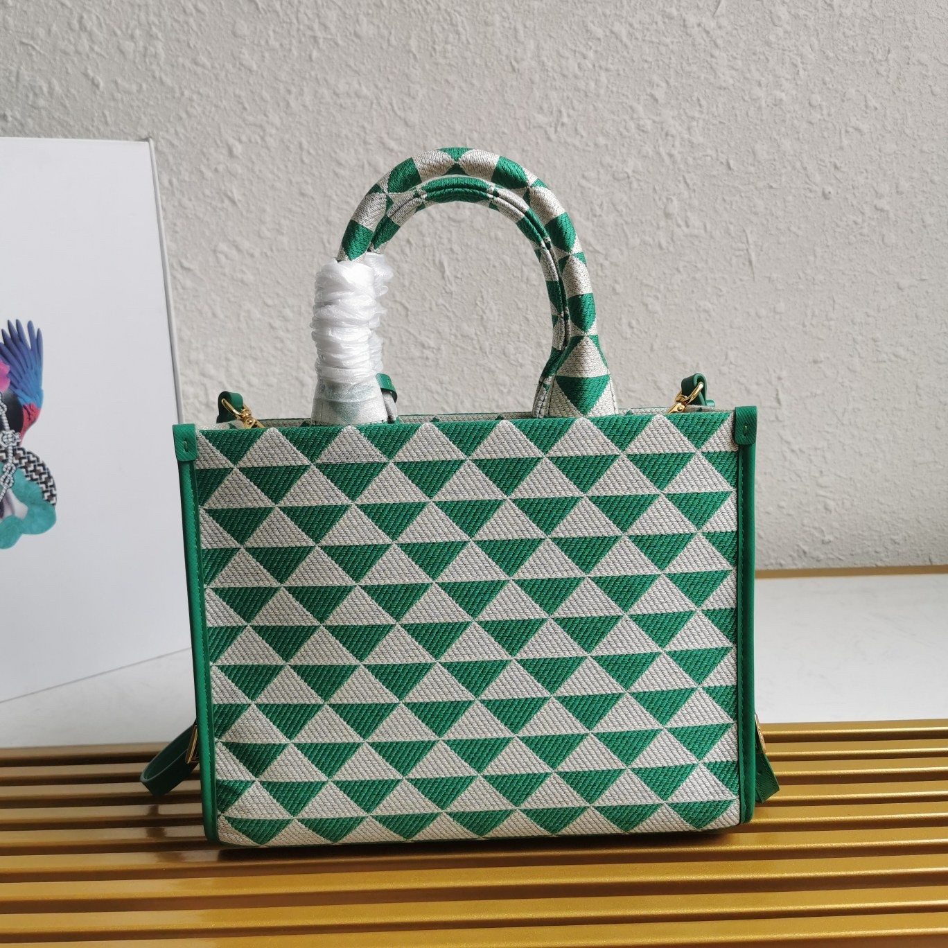 Prada Symbole Small Bag in Green and White Jacquard Fabric