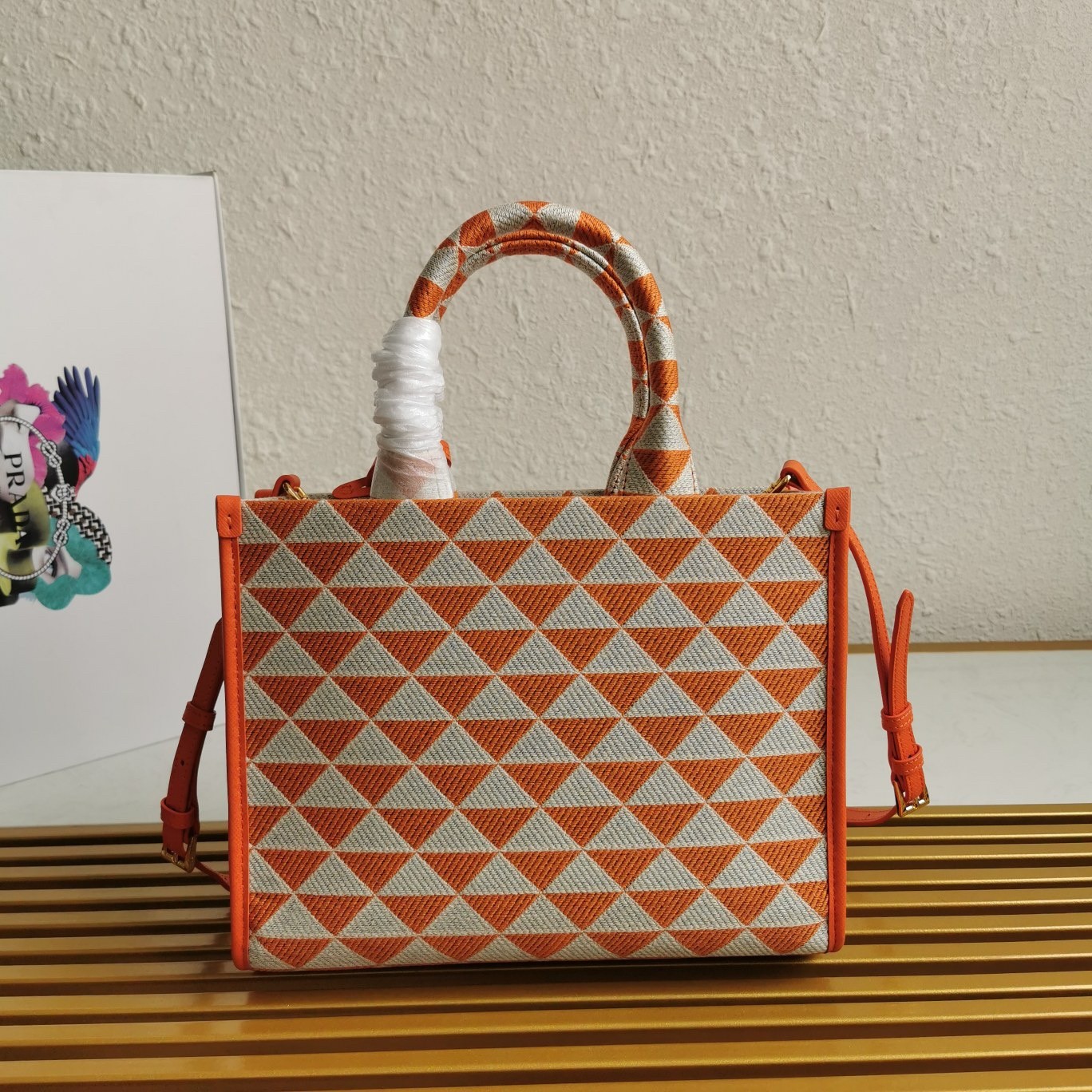 Prada Symbole Small Bag in Orange and White Jacquard Fabric