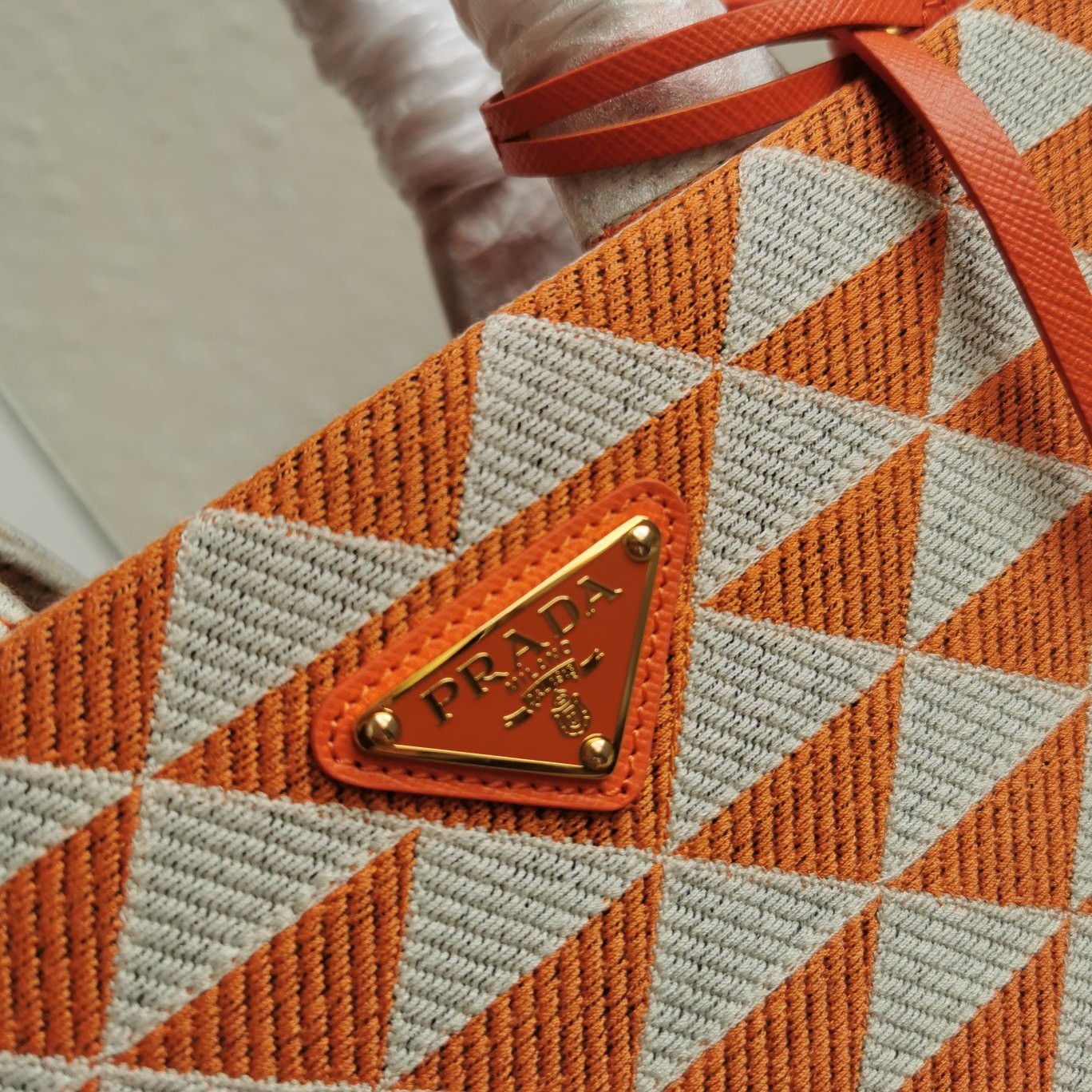 Prada Symbole Small Bag in Orange and White Jacquard Fabric