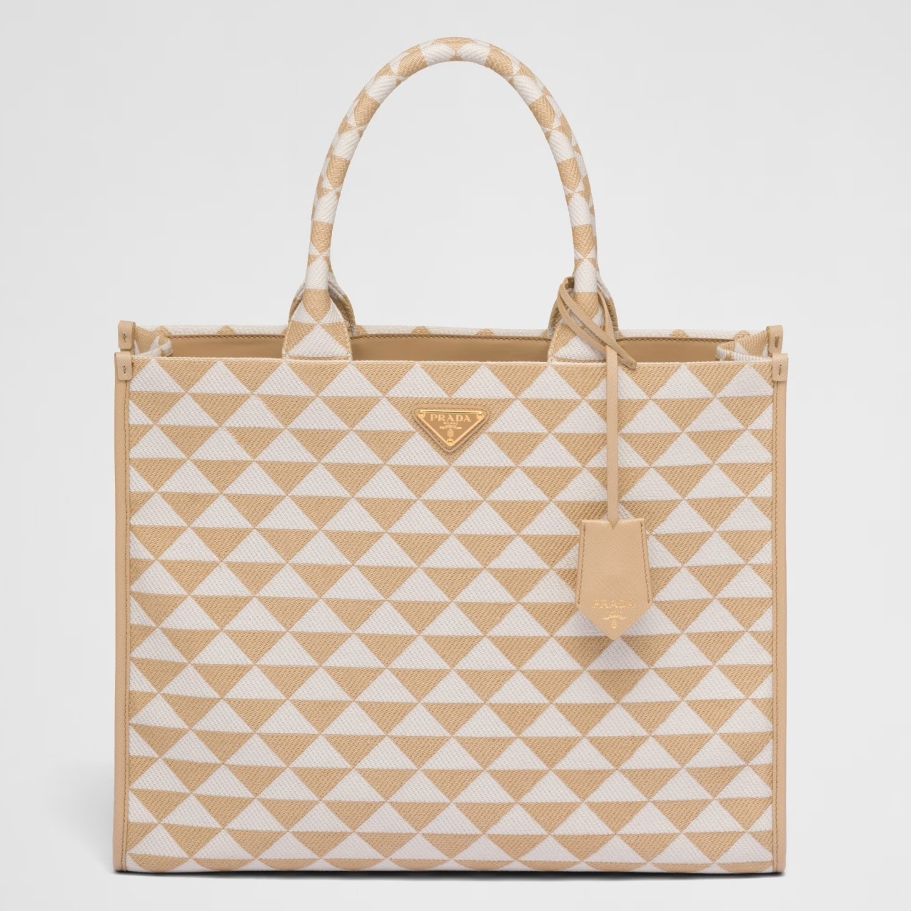 Prada Symbole Large Bag in Beige and White Jacquard Fabric