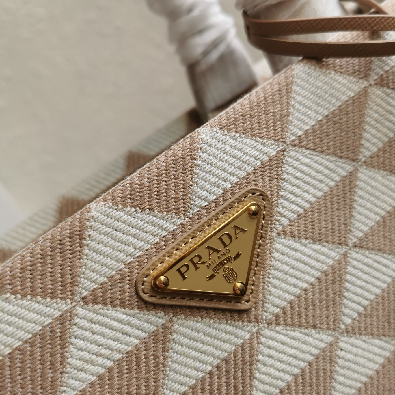 Prada Symbole Large Bag in Beige and White Jacquard Fabric