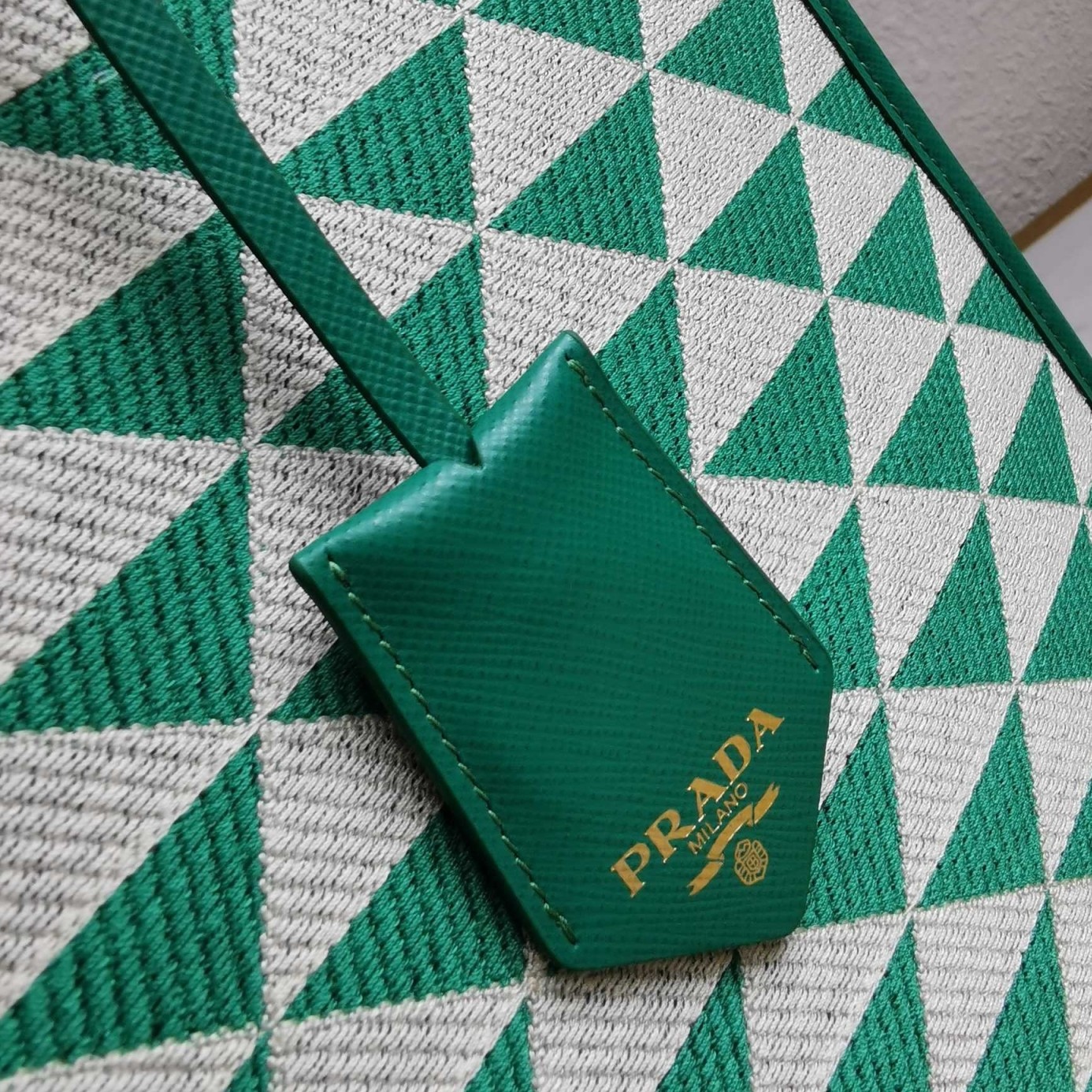 Prada Symbole Large Bag in Green and White Jacquard Fabric