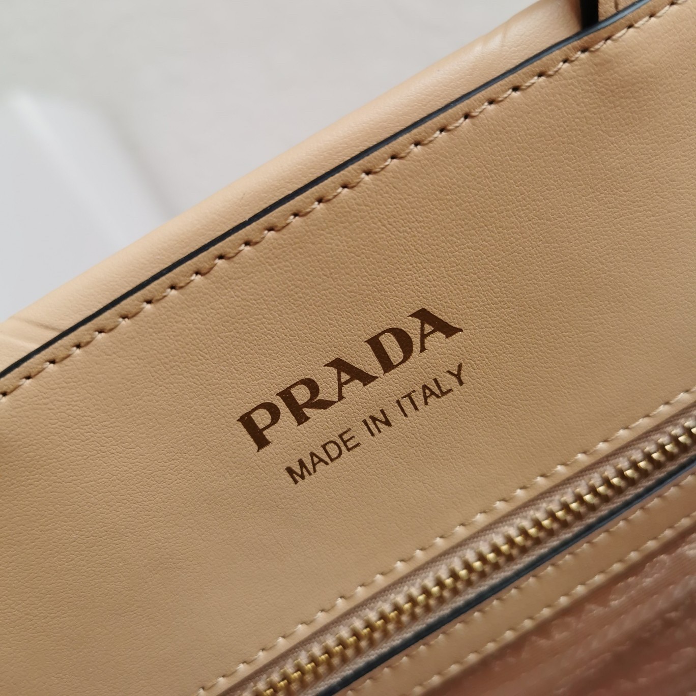 Prada Symbole Small Bag with Topstitching in Beige Leather