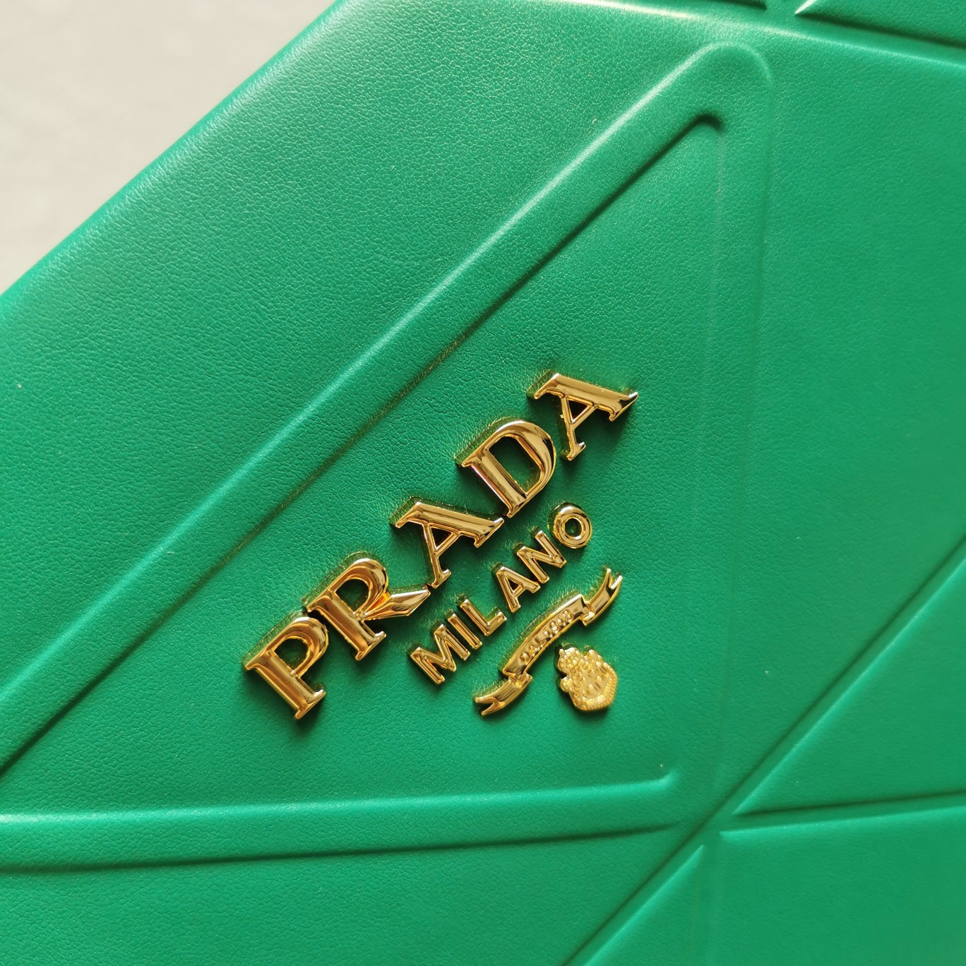 Prada Symbole Small Bag with Topstitching in Green Leather