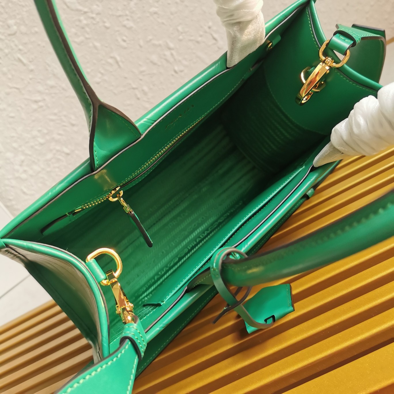 Prada Symbole Small Bag with Topstitching in Green Leather