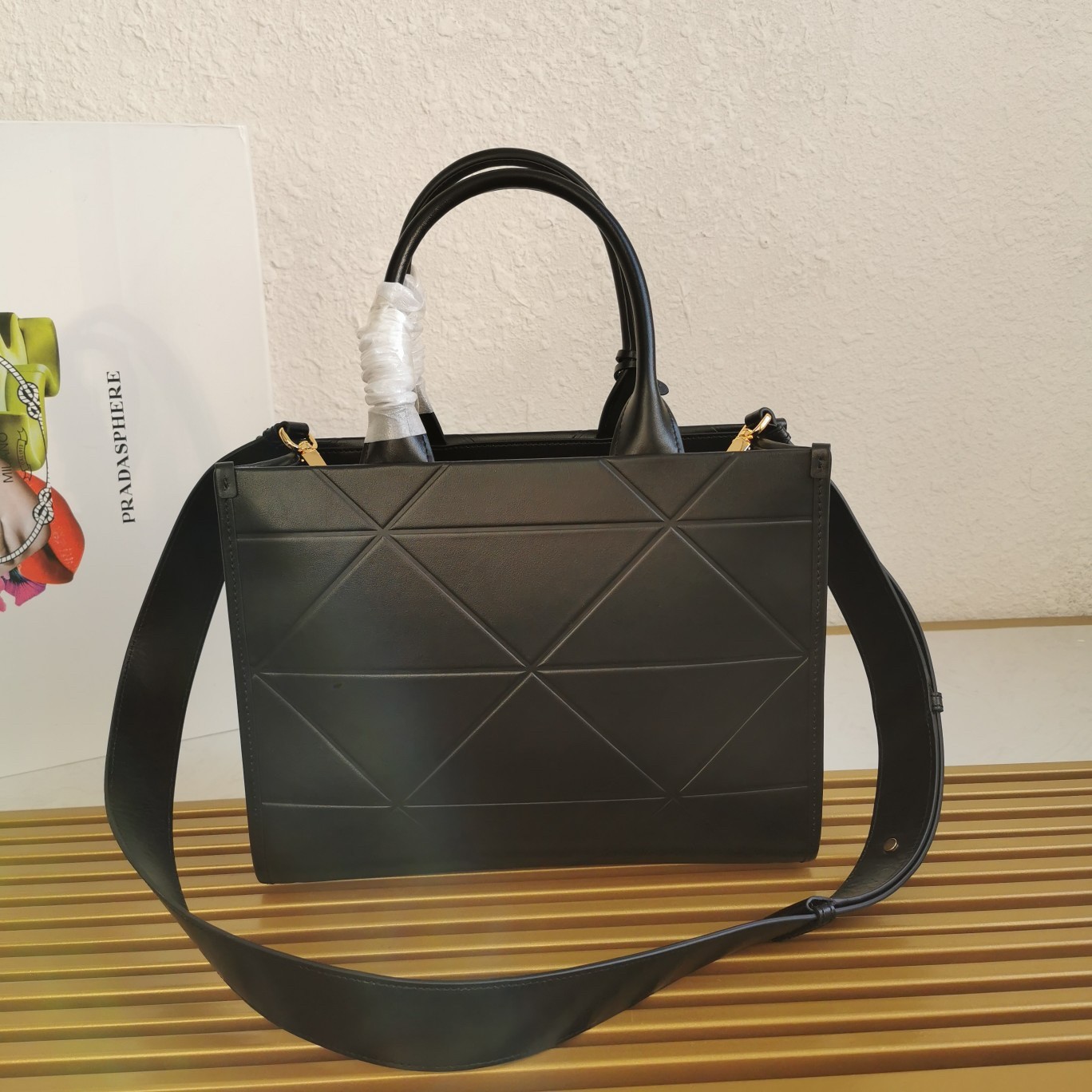 Prada Symbole Small Bag with Topstitching in Black Leather