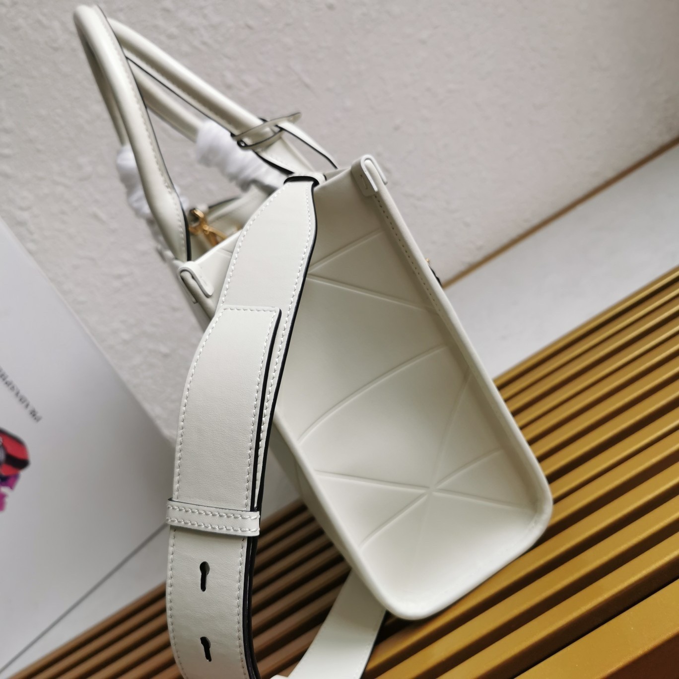 Prada Symbole Small Bag with Topstitching in White Leather