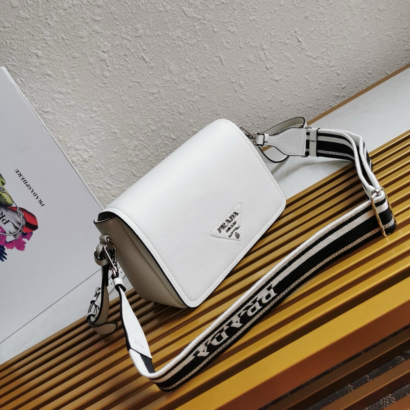 Prada Flap Shoulder Bag in White Grained Leather