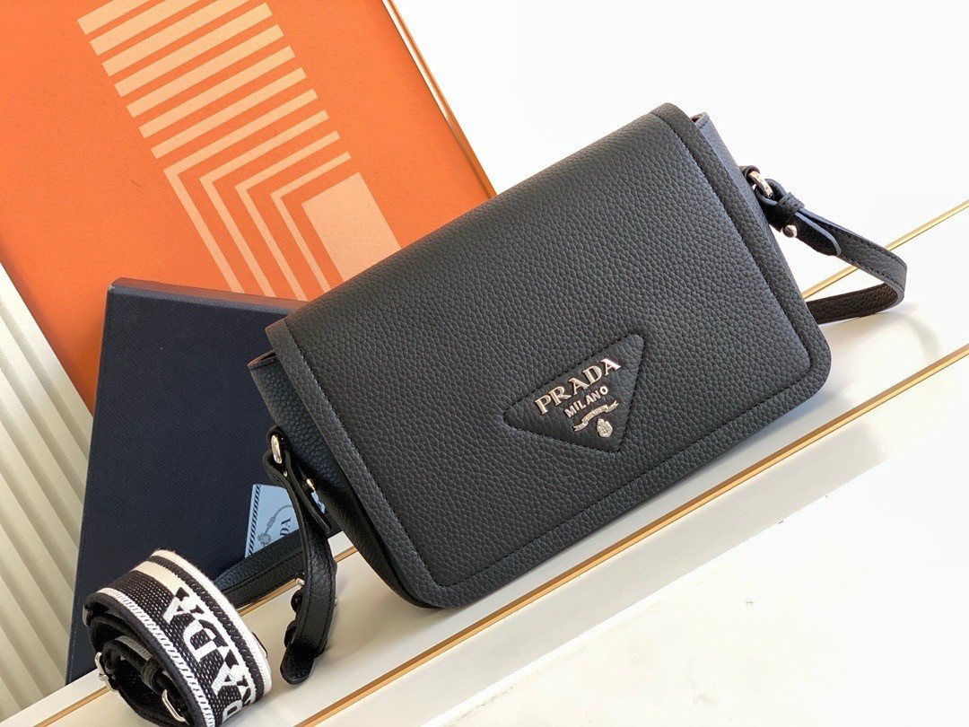 Prada Flap Shoulder Bag in Black Grained Leather