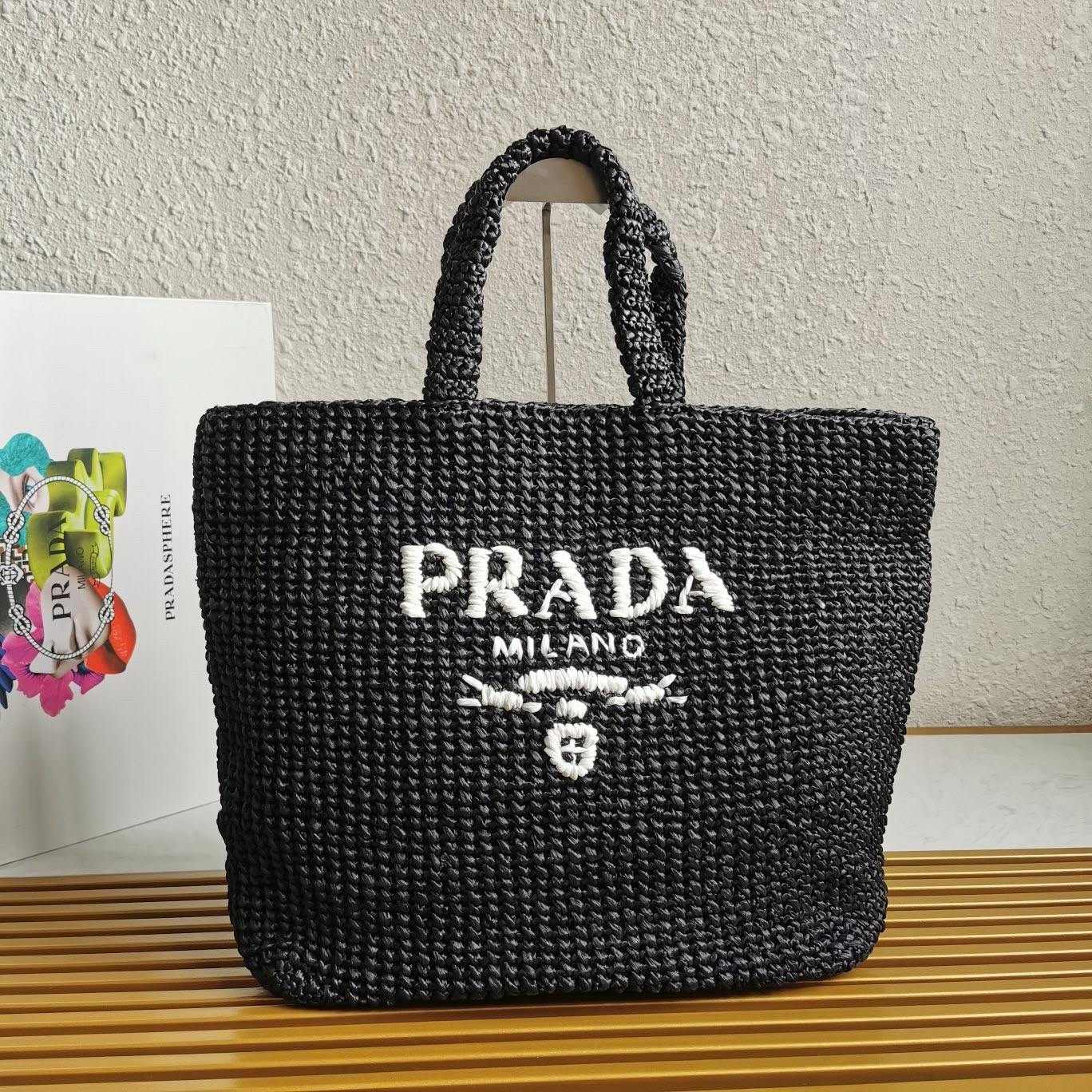 Prada Large Crochet Tote Bag in Black Raffia-effect Yarn