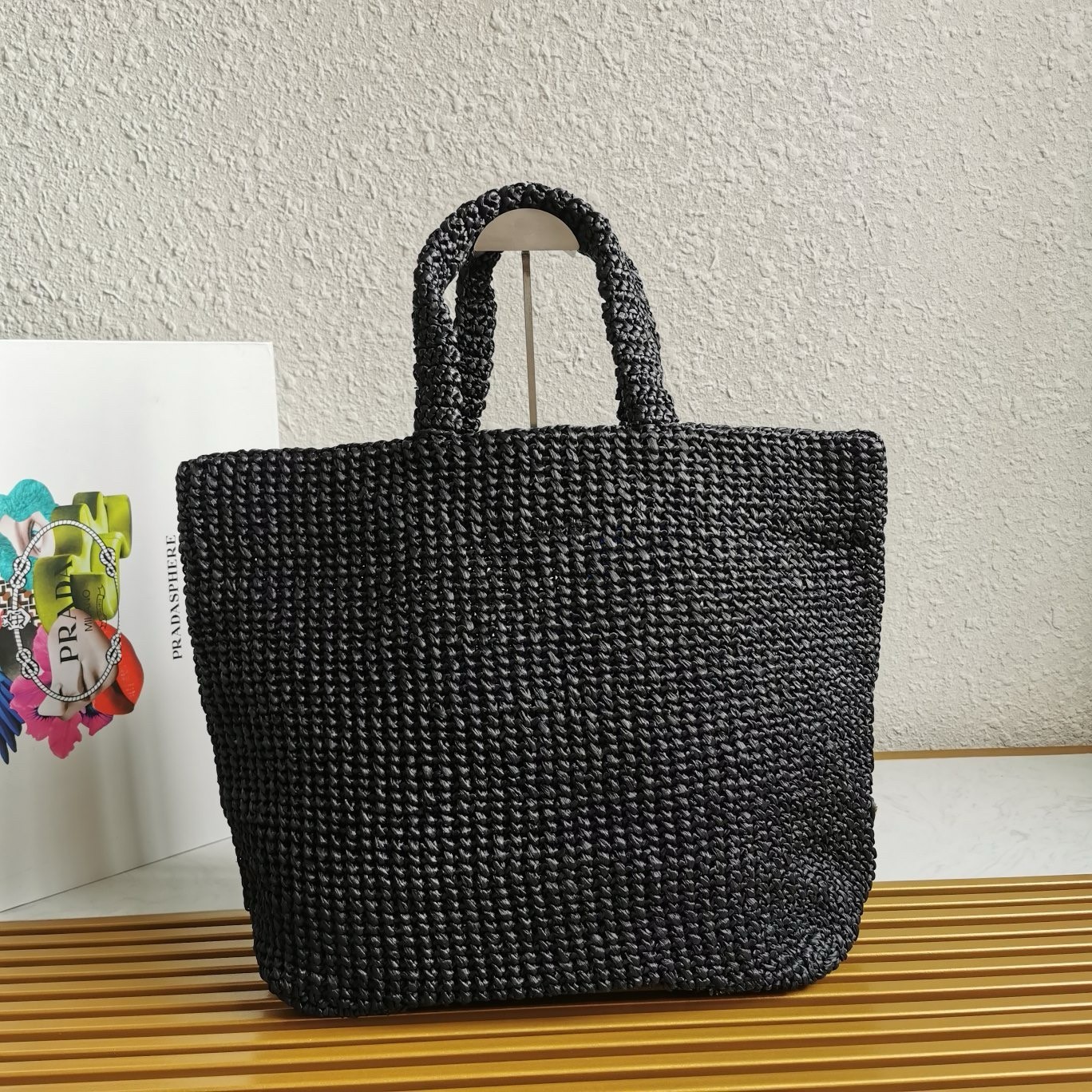 Prada Large Crochet Tote Bag in Black Raffia-effect Yarn