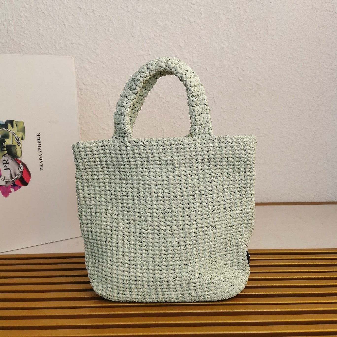 Prada Small Crochet Tote Bag in Aqua Raffia-effect Yarn