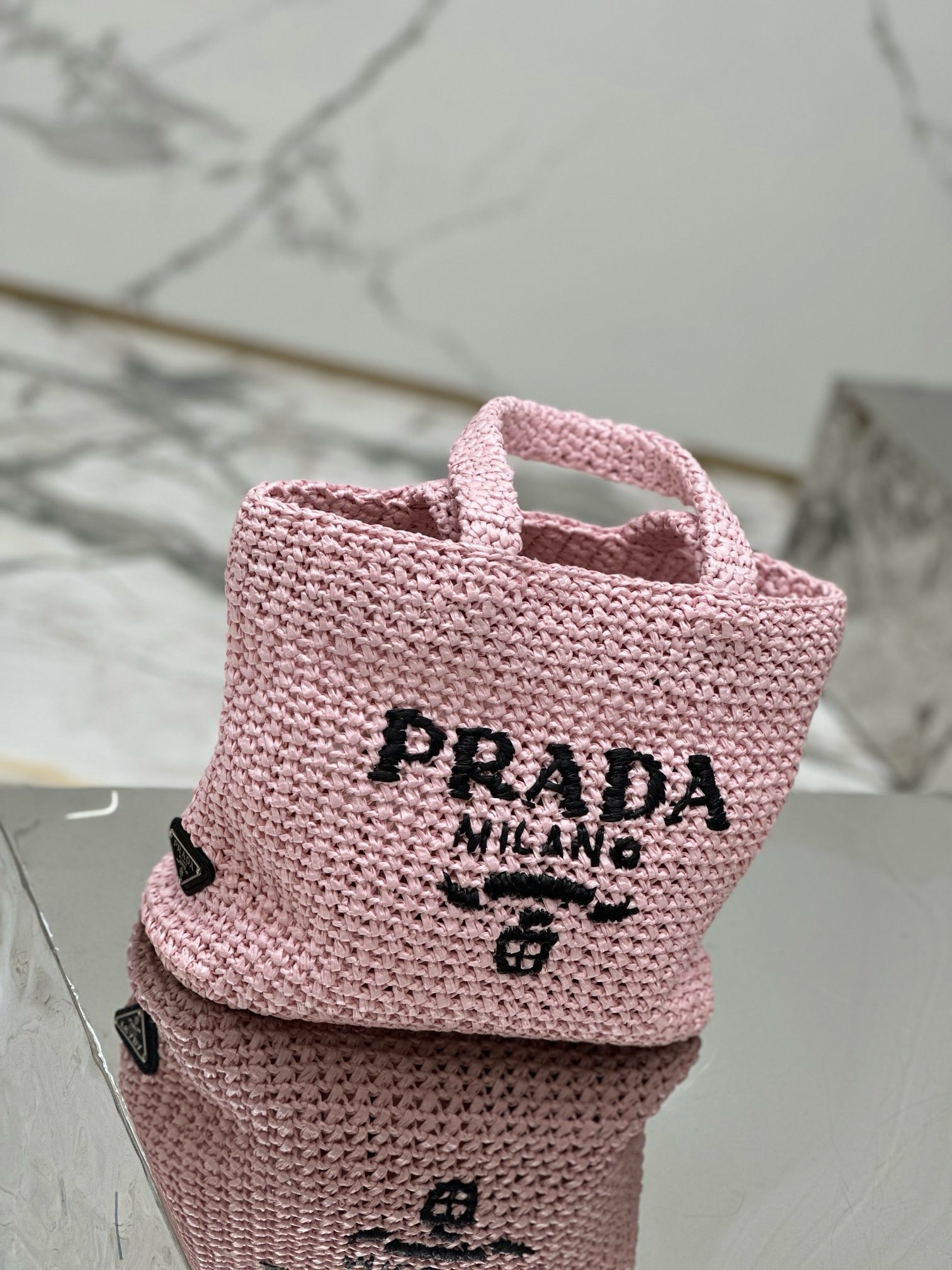 Prada Small Crochet Tote Bag in Pink Raffia-effect Yarn