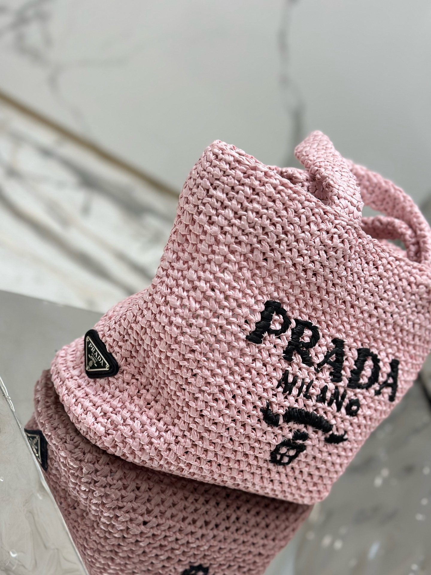 Prada Small Crochet Tote Bag in Pink Raffia-effect Yarn