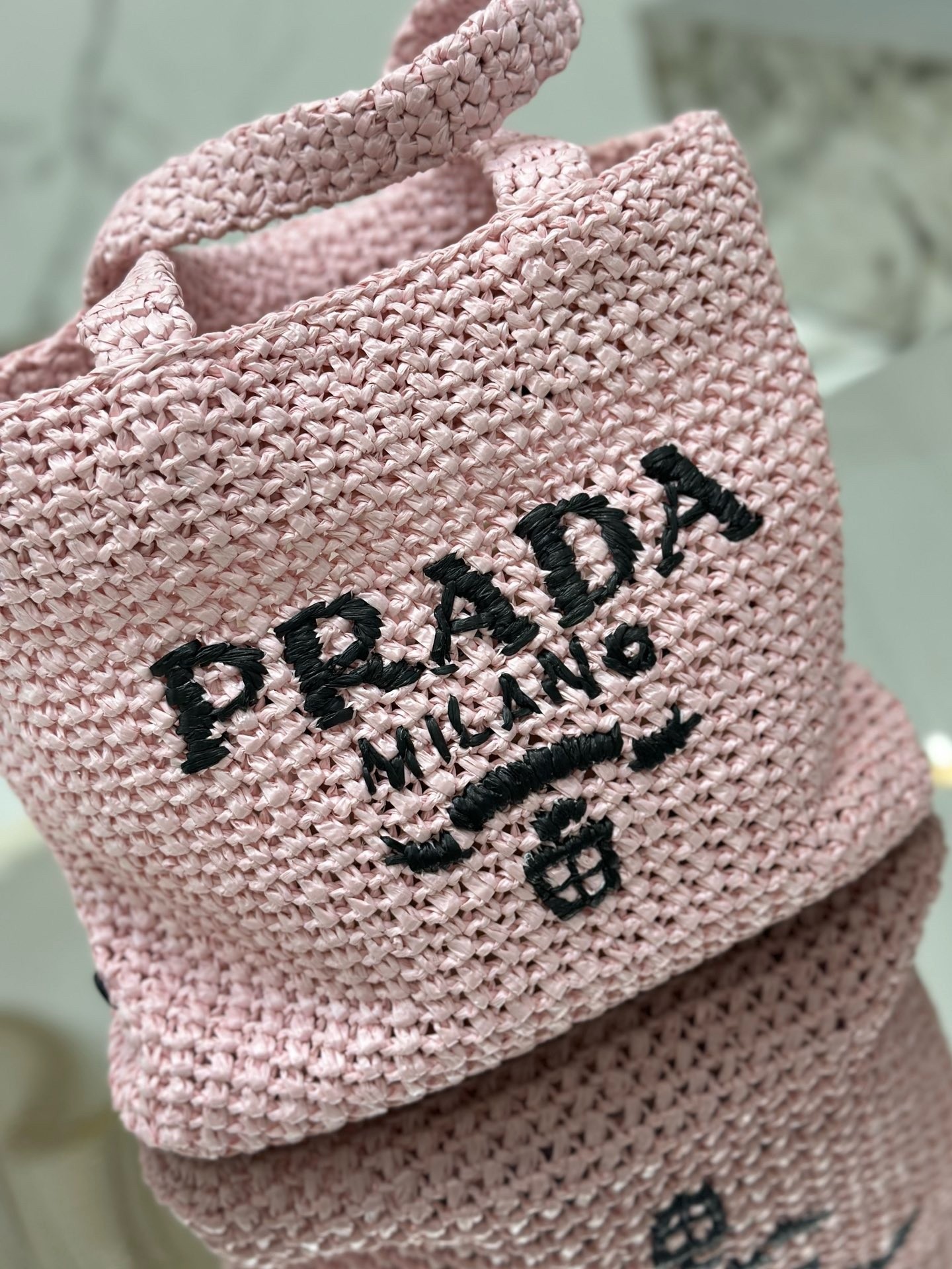 Prada Small Crochet Tote Bag in Pink Raffia-effect Yarn