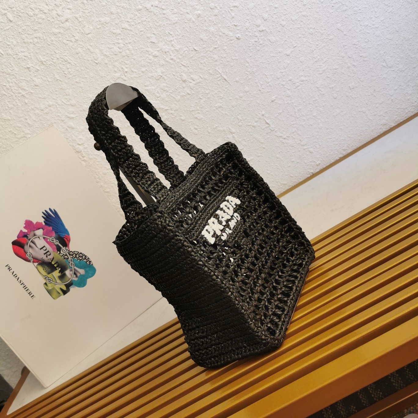 Prada Small Crochet Tote in Black Raffia-effect Yarn