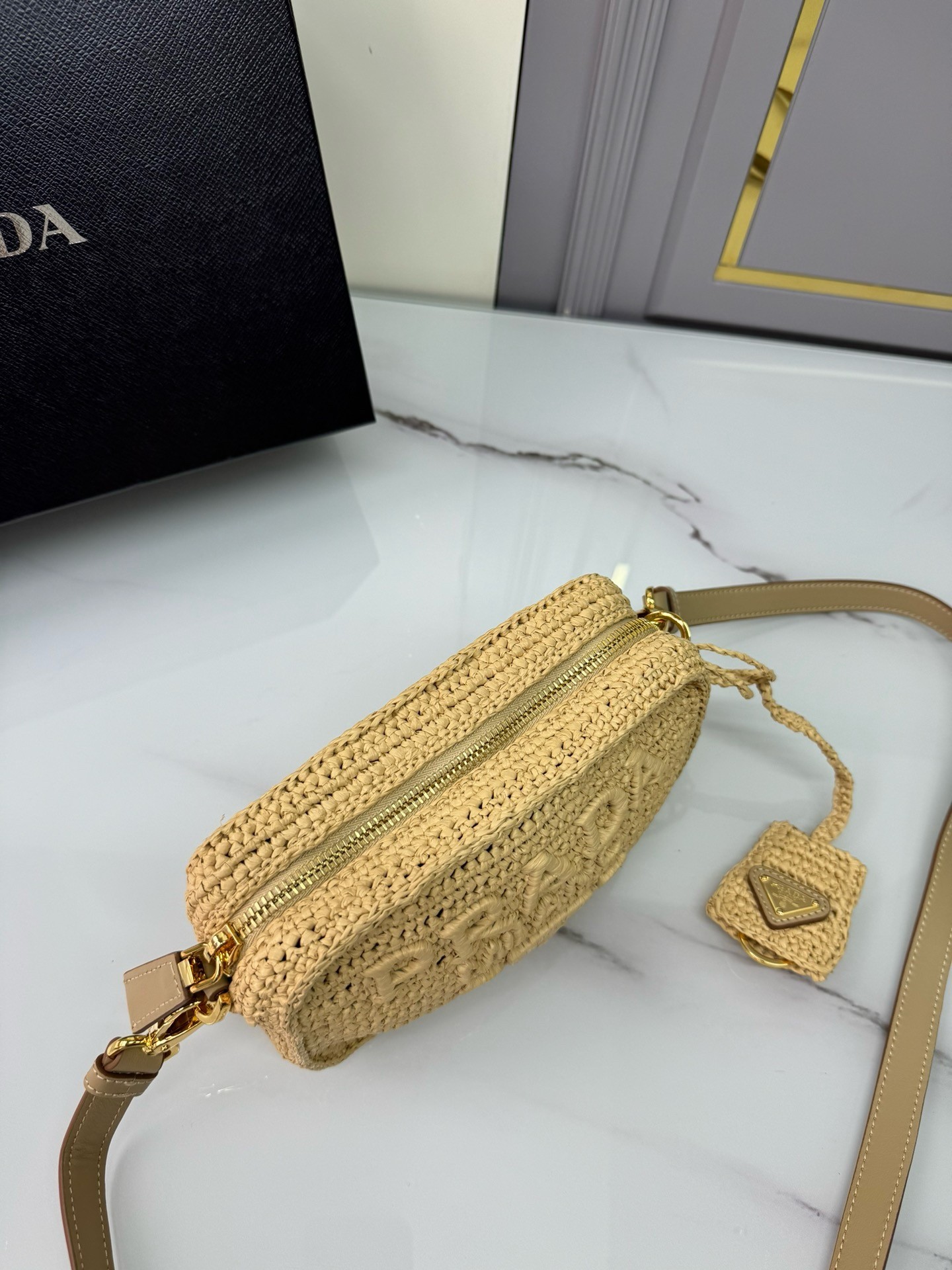 Prada Crochet Shoulder Bag in Natural Raffia-effect Yarn