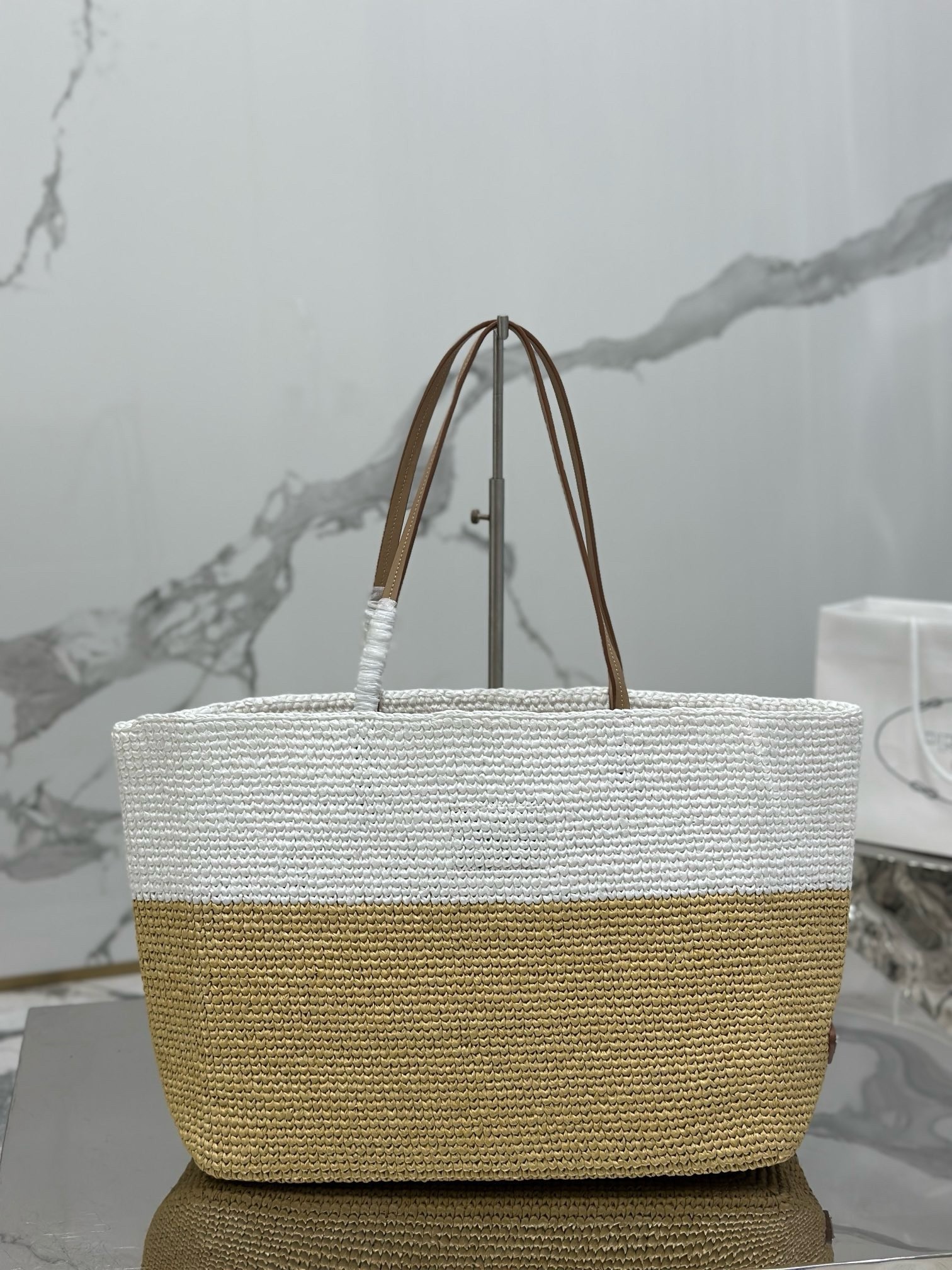 Prada Crochet Large Tote Bag in Beige/White Raffia-effect Yarn