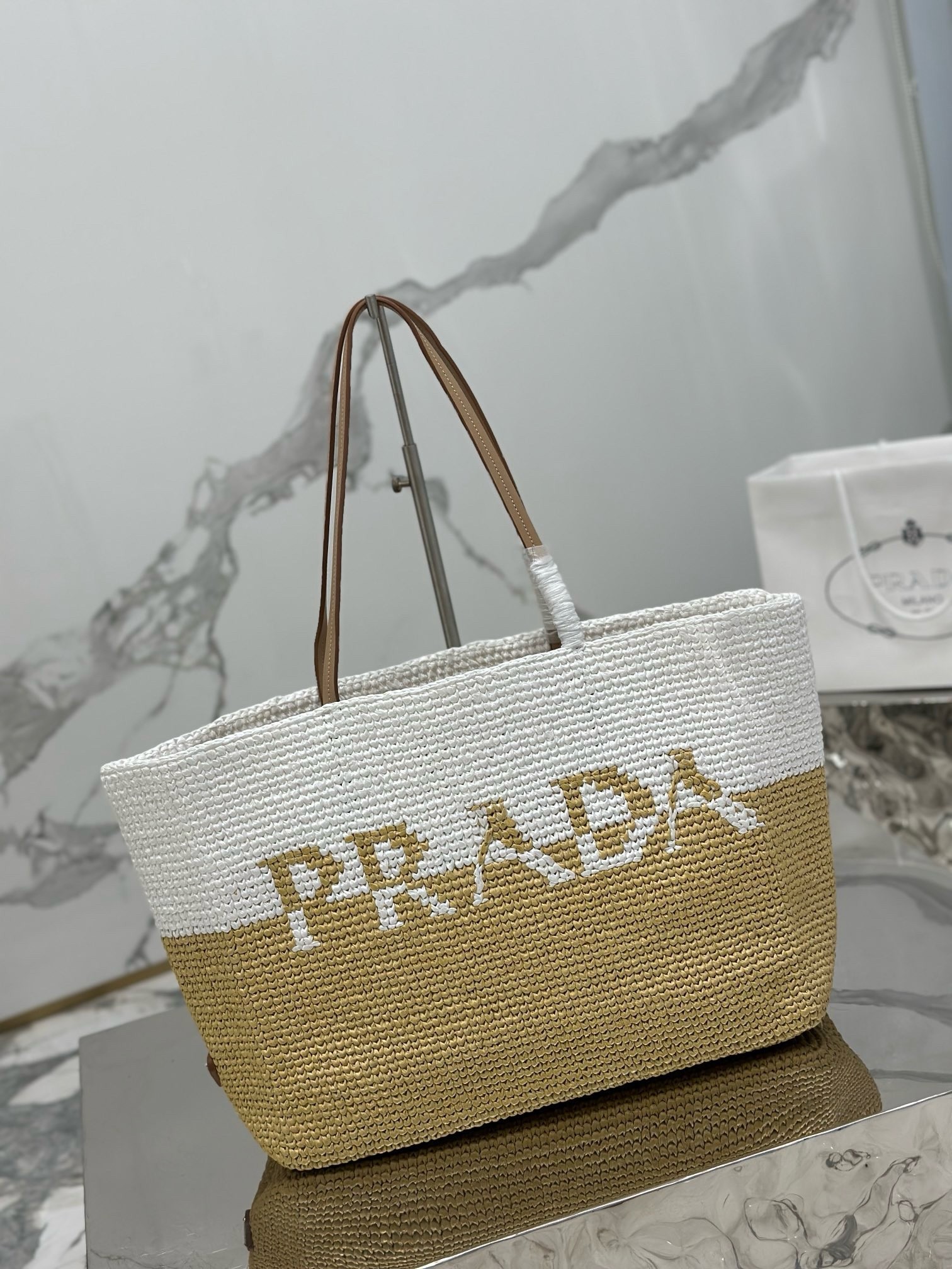 Prada Crochet Large Tote Bag in Beige/White Raffia-effect Yarn