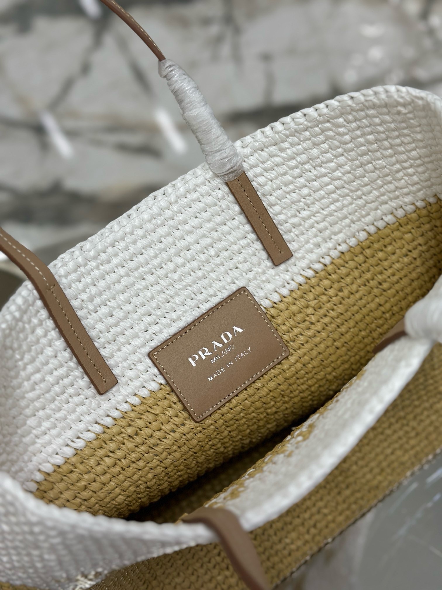 Prada Crochet Small Tote Bag in Beige/White Raffia-effect Yarn