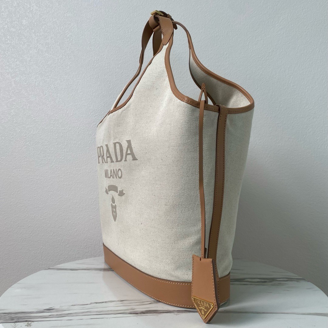 Prada Large Tote Bag in Linen Blend and Leather