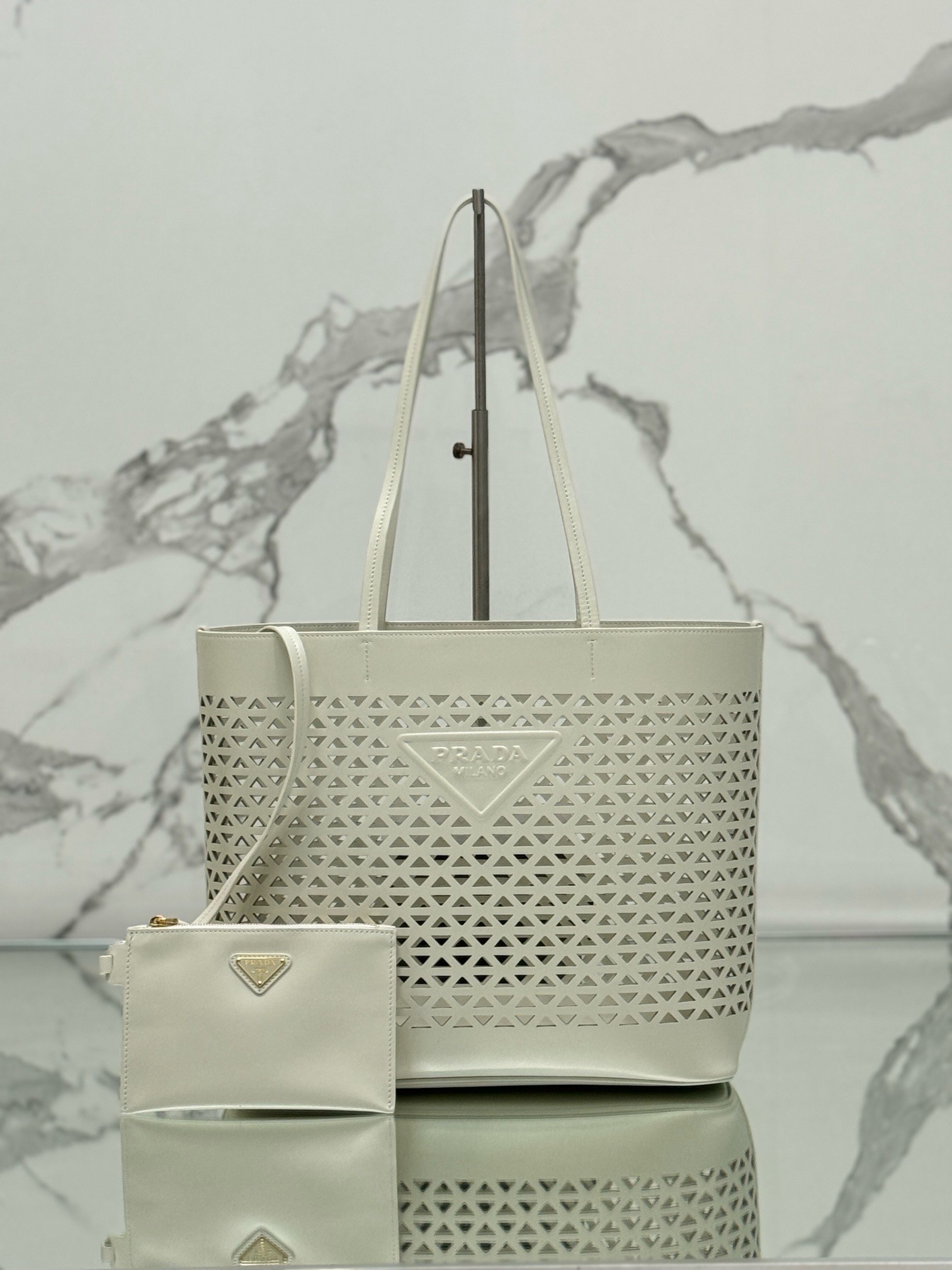 Prada Large Tote Bag in White Perforated Leather