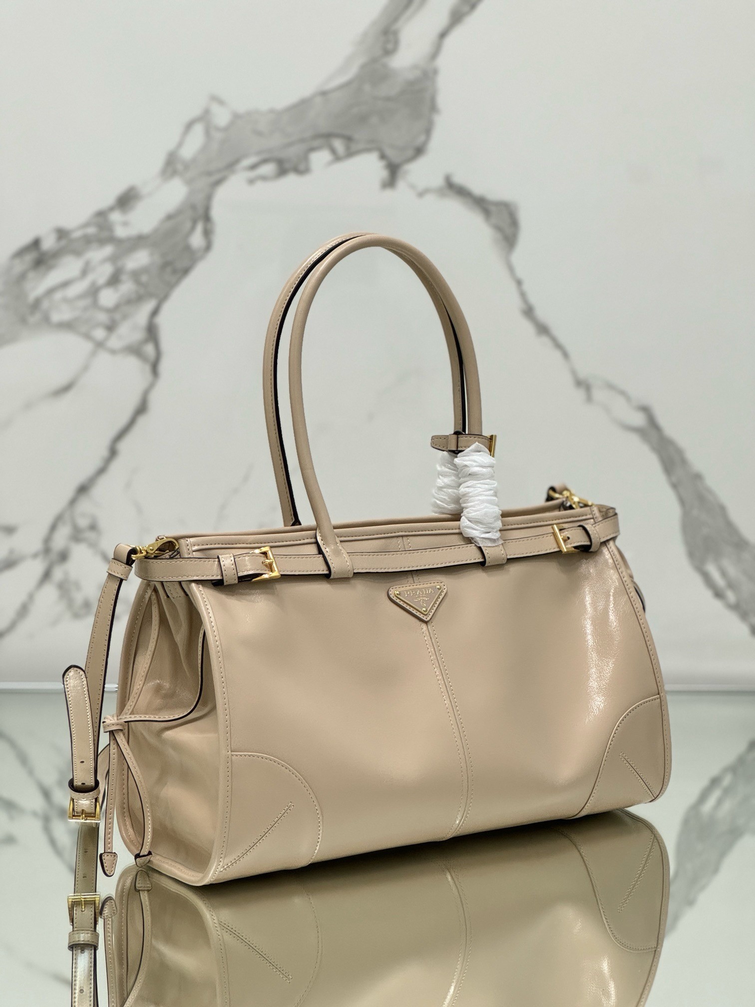 Prada Large Tote Bag in Beige Soft Leather