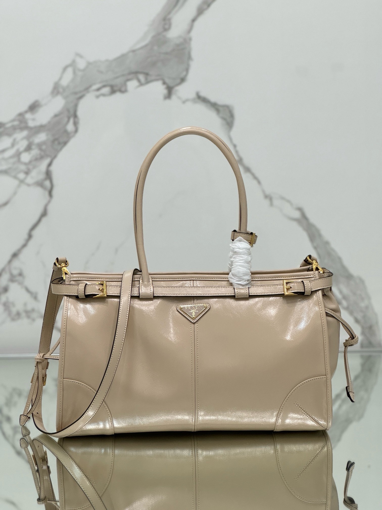 Prada Large Tote Bag in Beige Soft Leather