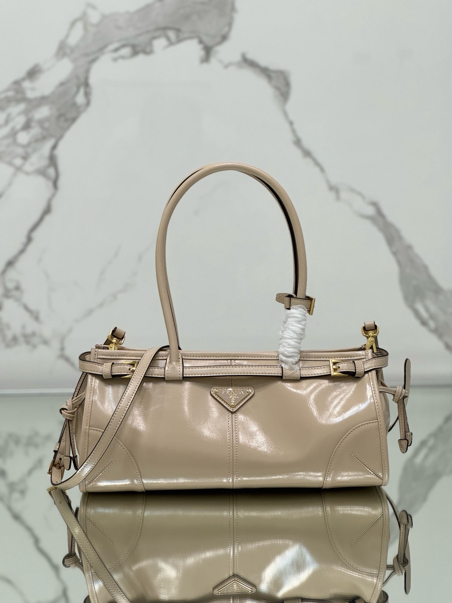 Prada Medium Tote Bag in Beige Soft Leather