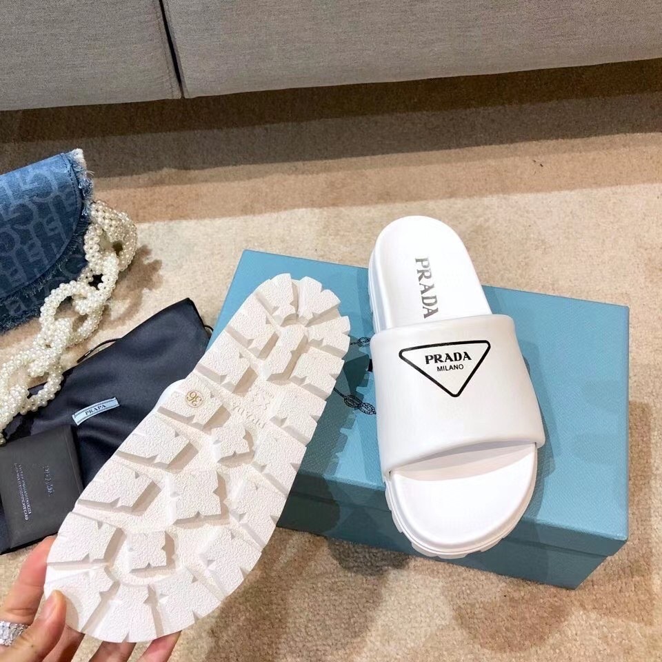 Prada Slide Sandals In White Leather